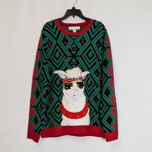 JOLLY SWEATER Red/Green Pullover Christmas Holiday Sweater; Llama; Size Men L